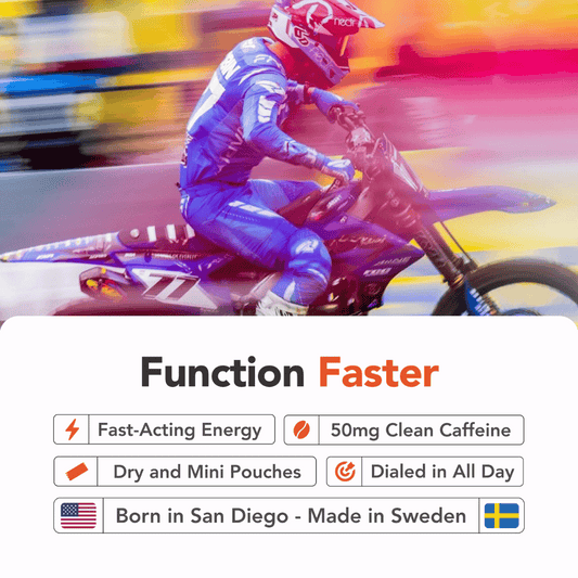 Person on a motorcycle with product advertisement text overlay